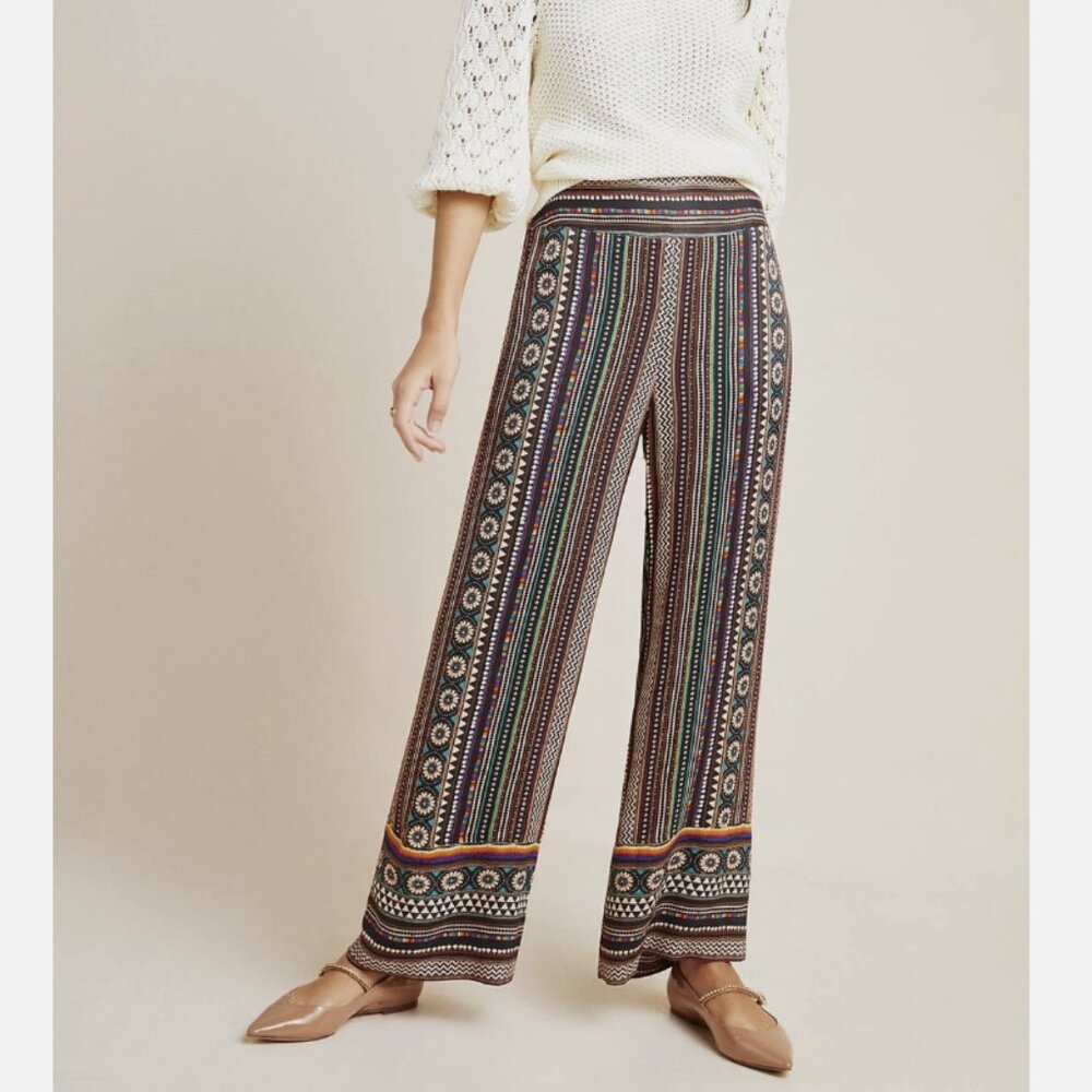Farm Rio for Anthropologie Satin Wide-Leg Pants Black Stripe Geo Print Size XS